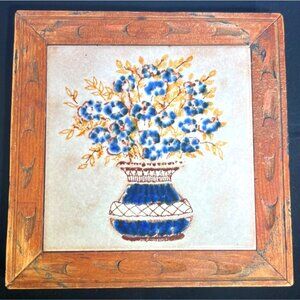 Italian Tile S Marco Wood Framed Blue Floral Trivet